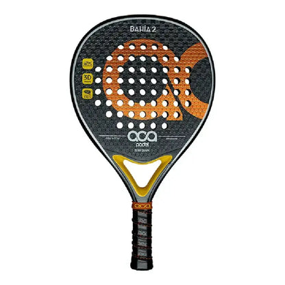 Aca Padel Bahía racquet featuring a drop shape and carbon fiber frame, perfect for advanced players.