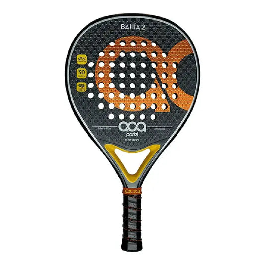 Aca Padel Bahía racquet featuring a drop shape and carbon fiber frame, perfect for advanced players.