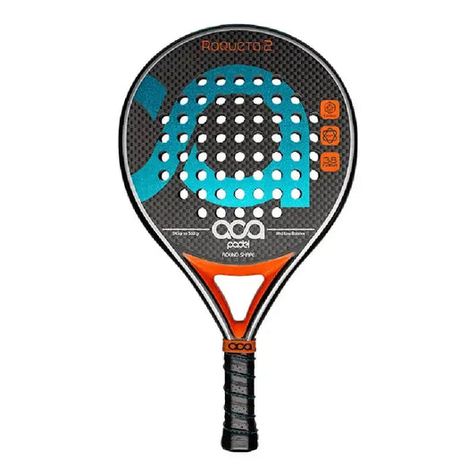 Aca Roqueta 2 paddle with a carbon fiber frame, ideal for padel, featuring a round shape and textured surface for spin.