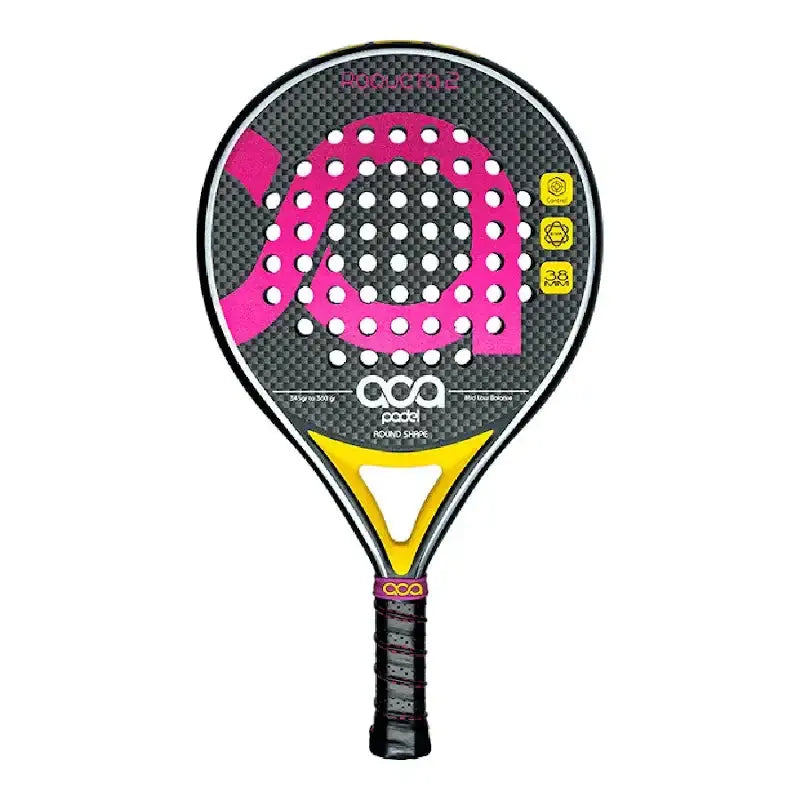Aca Roqueta Rosa padel racket featuring a round carbon fiber frame and soft EVA foam for enhanced control and spin.