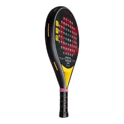 Aca Roqueta Rosa padel racquet featuring fiberglass, EVA foam, and a round carbon fiber frame for enhanced control.